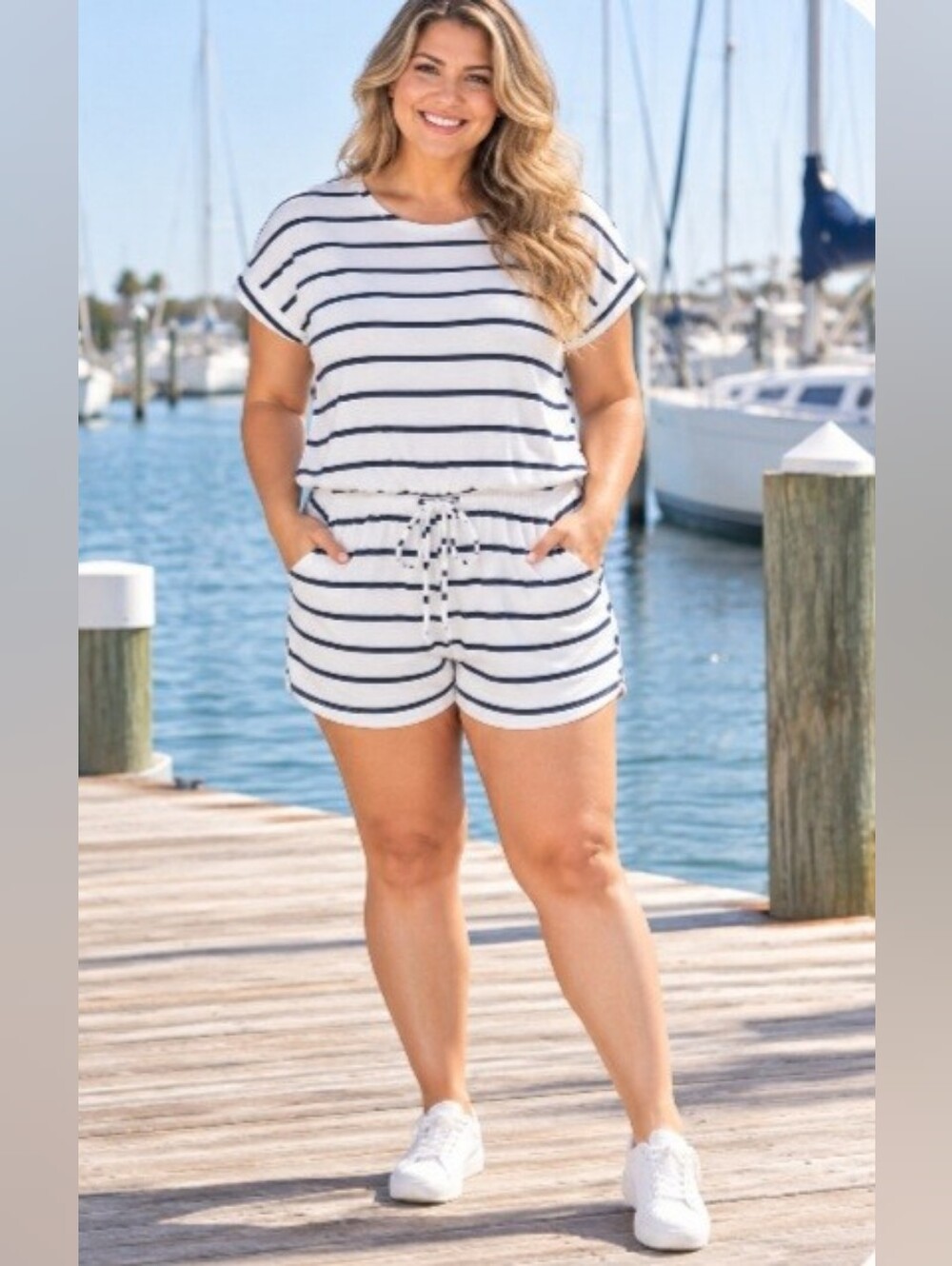 Zenana Black White Striped Short Sleeve Coastal Nautical Casual Romper Size XL